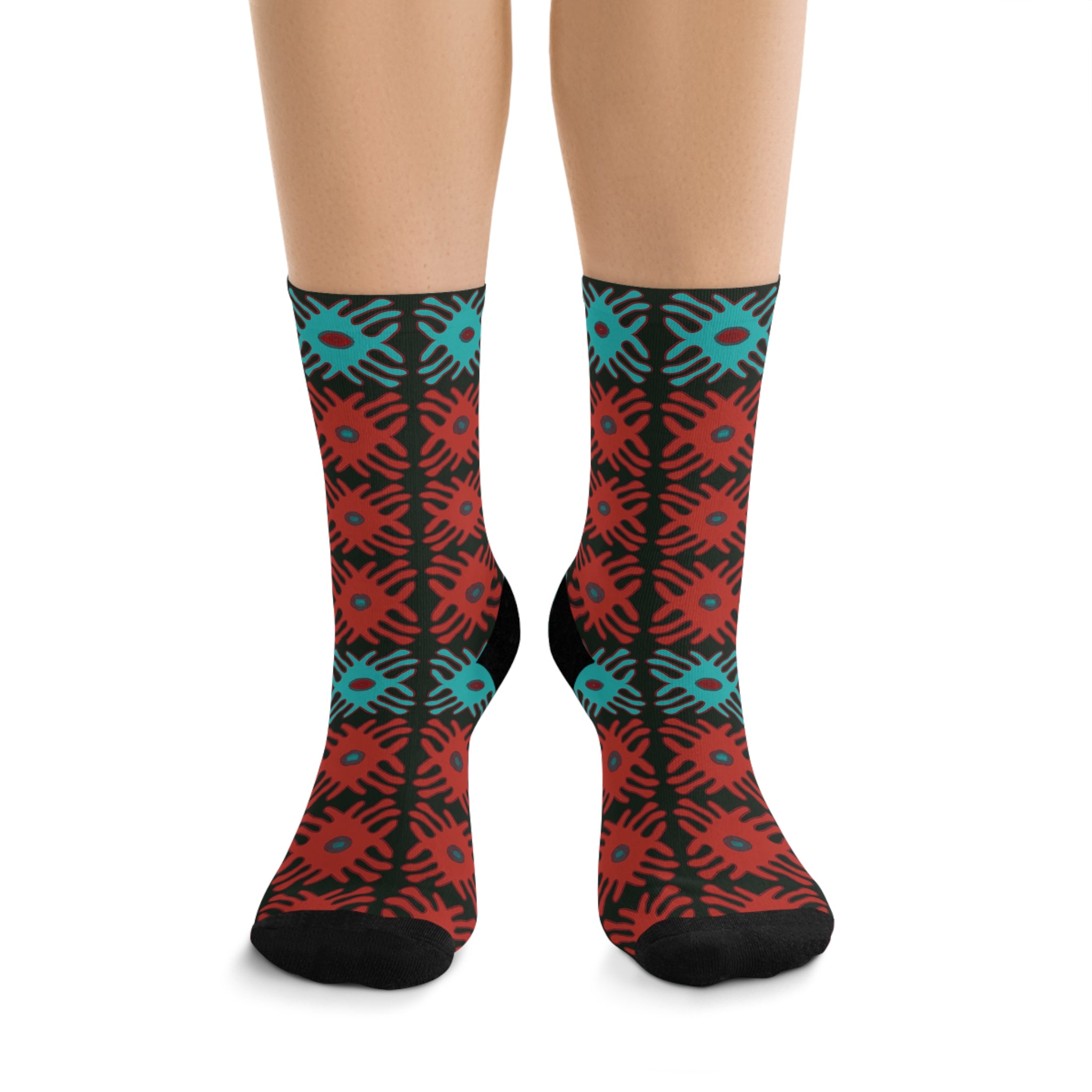 Teal & Red Patterned Socks, Colorful Socks for Casual Wear, Sustainable Gift for Her, Fun Fashion Accessories, Unique Holiday Gift