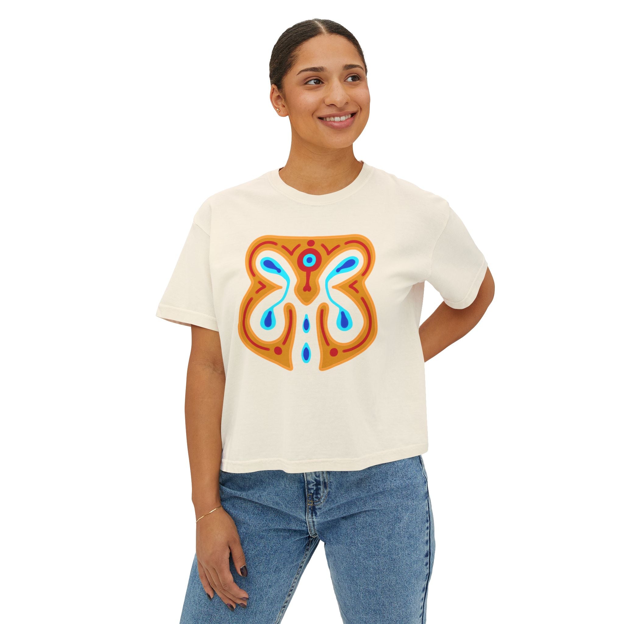 Bohemian Butterfly Women's Boxy Tee, Casual Summer Top, Gift for Her, Trendy Graphic T-Shirt, Spiritual Wear, Festival Outfit
