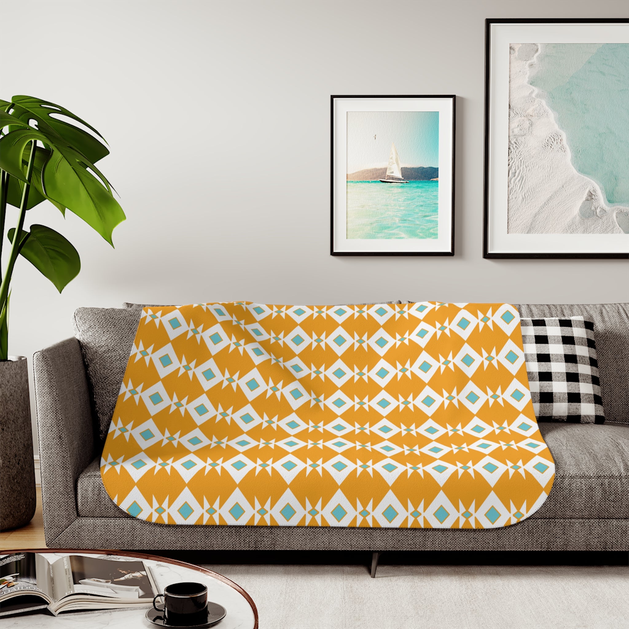 Yellow & Blue Geometric Design Cozy Sherpa Blanket for All Seasons, Decorative Throw, Warm Blanket for Couch, Perfect Gift for Home, Two Colors