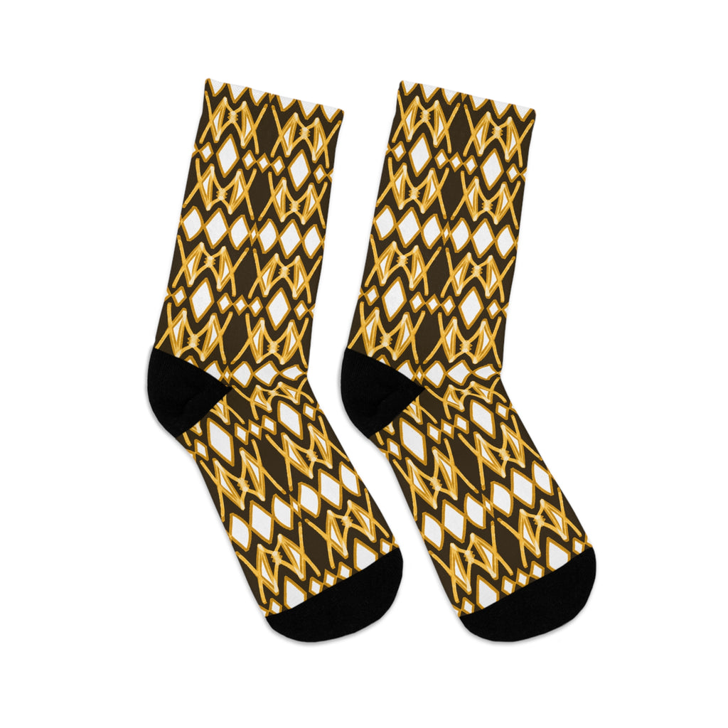 Yellow & Brown Patterned Recycled Poly Socks for Eco-Friendly Fashion, Funky Footwear, Gift for Nature Lovers, Unique Sock Design