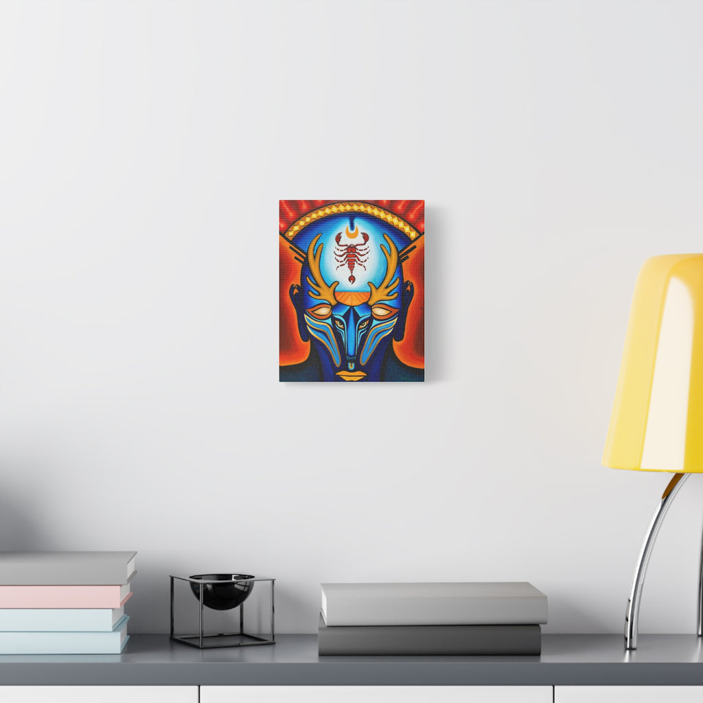 Canvas print of a colorful scorpion design on a wall above a desk with books and a lamp.