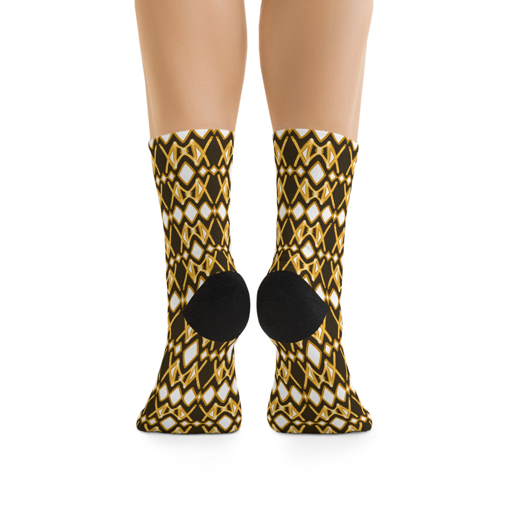 Yellow & Brown Patterned Recycled Poly Socks for Eco-Friendly Fashion, Funky Footwear, Gift for Nature Lovers, Unique Sock Design