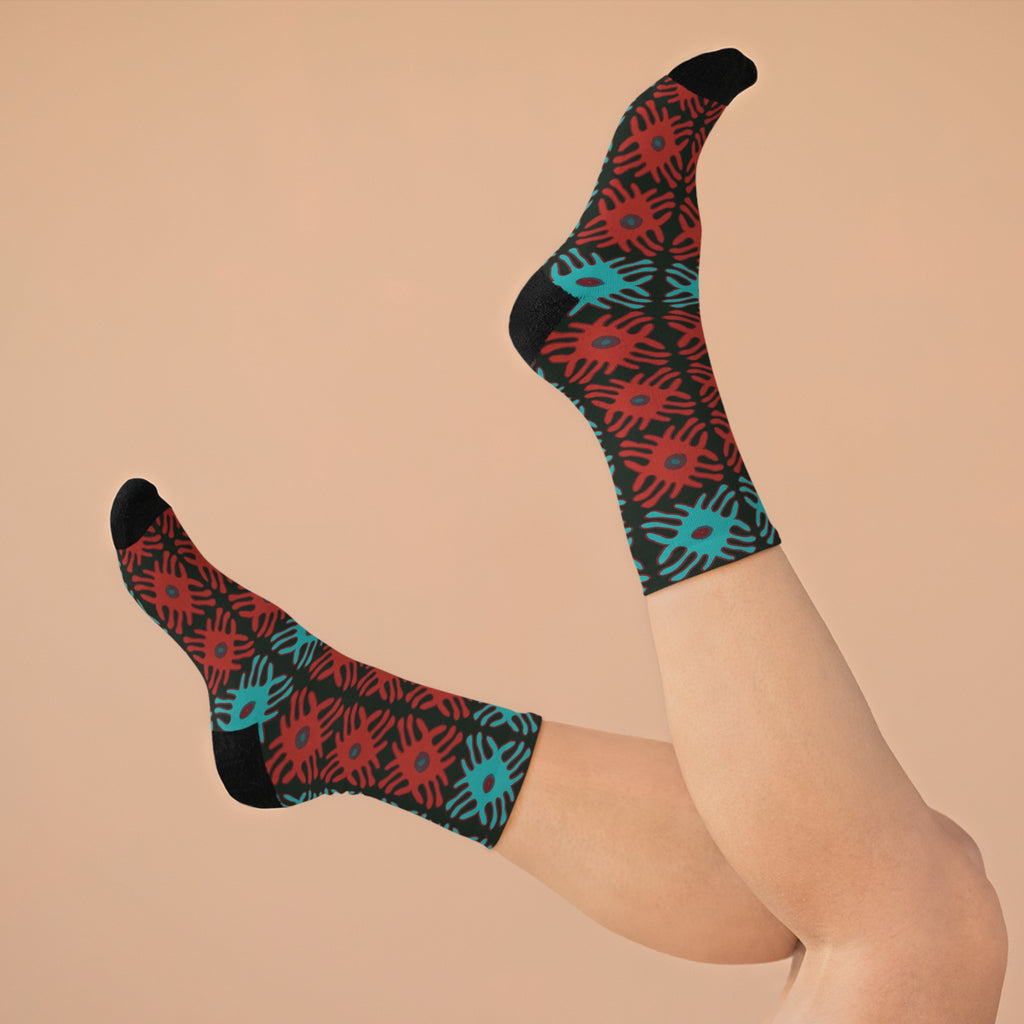 Teal & Red Patterned Socks, Colorful Socks for Casual Wear, Sustainable Gift for Her, Fun Fashion Accessories, Unique Holiday Gift