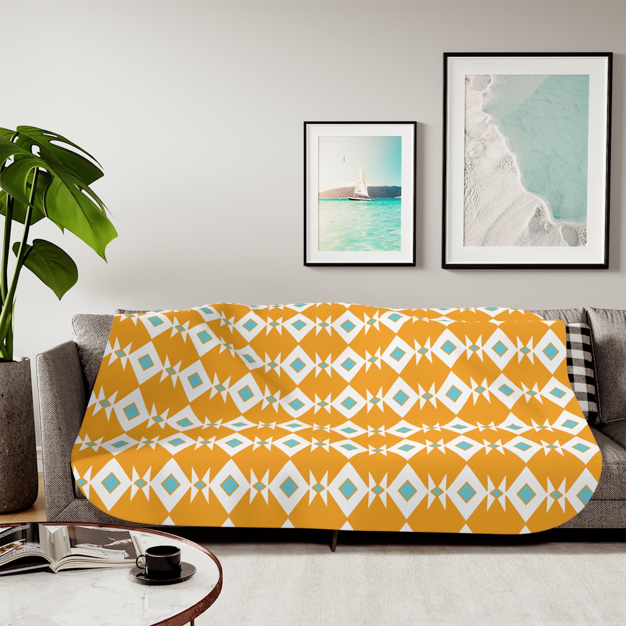 Yellow & Blue Geometric Design Cozy Sherpa Blanket for All Seasons, Decorative Throw, Warm Blanket for Couch, Perfect Gift for Home, Two Colors