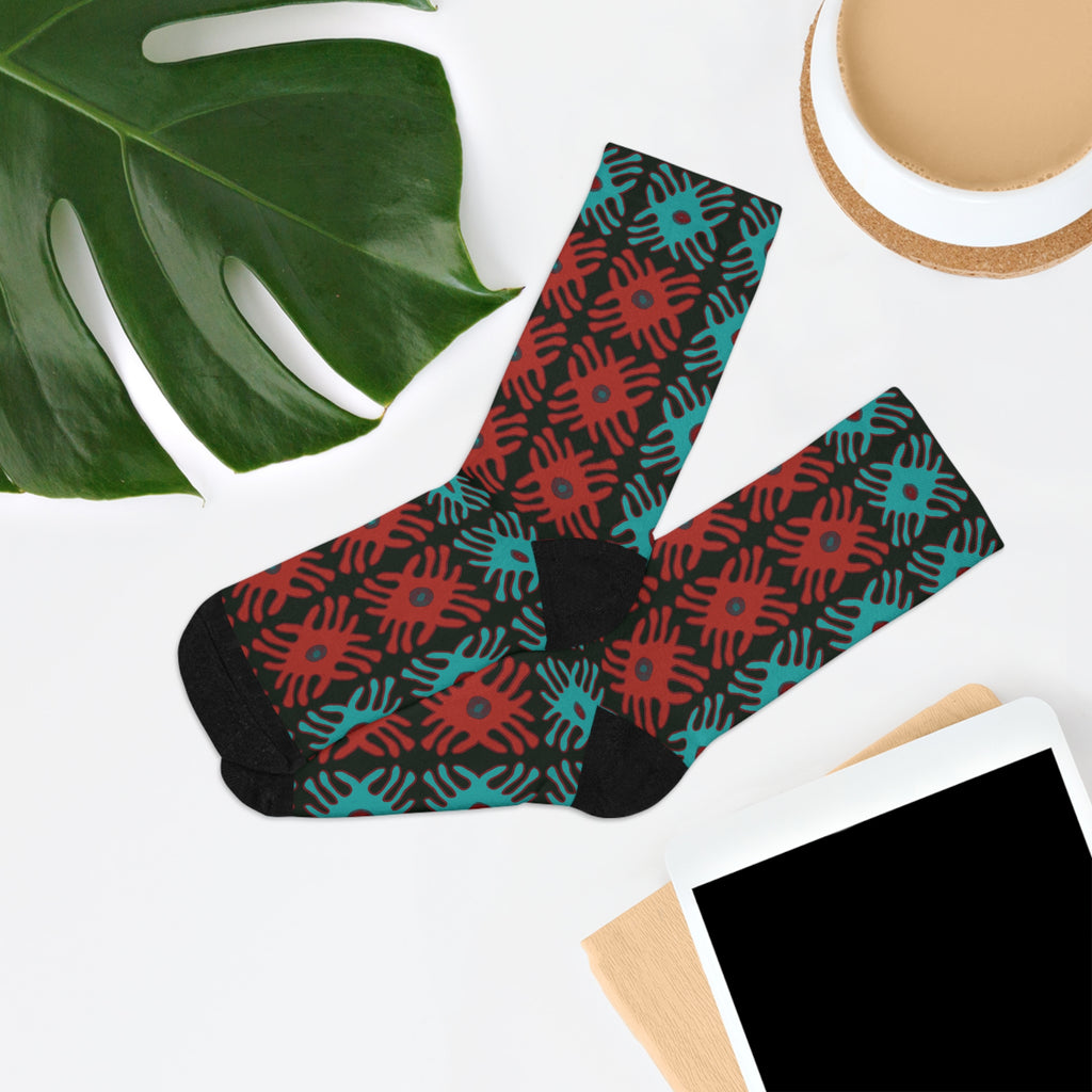 Teal & Red Patterned Socks, Colorful Socks for Casual Wear, Sustainable Gift for Her, Fun Fashion Accessories, Unique Holiday Gift